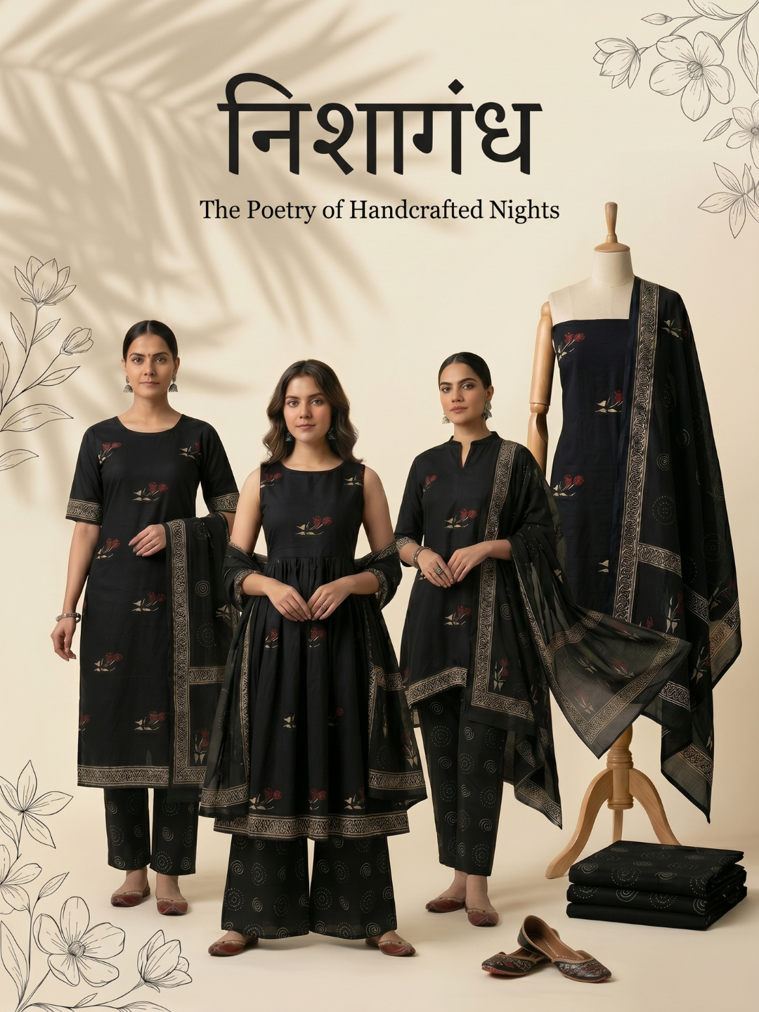 Black Color Batik Floral Buti Print | 3-Piece Unstitched Suit Set
