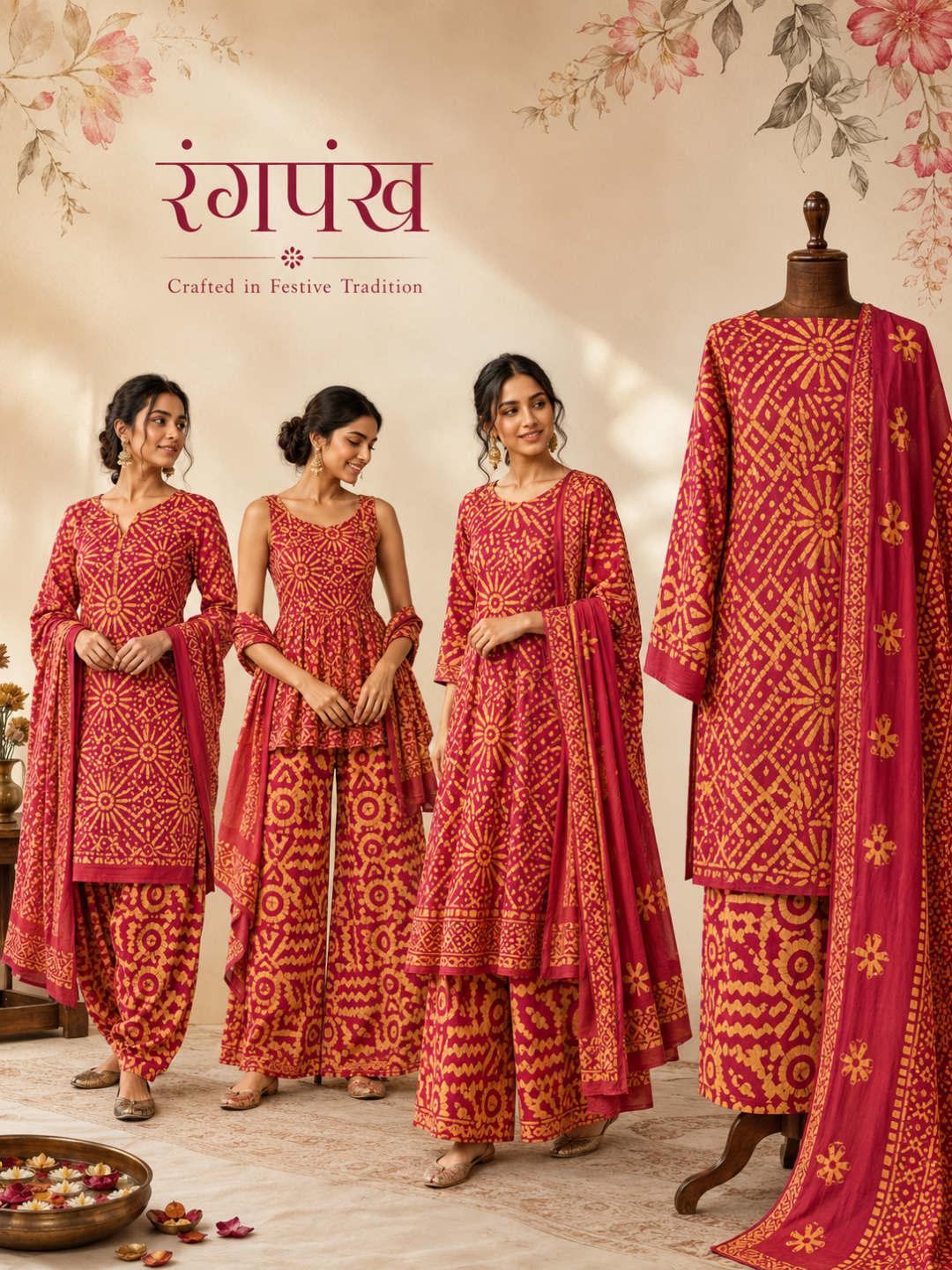 Red Batik Sunburst Print | 3-Piece Unstitched Suit Set