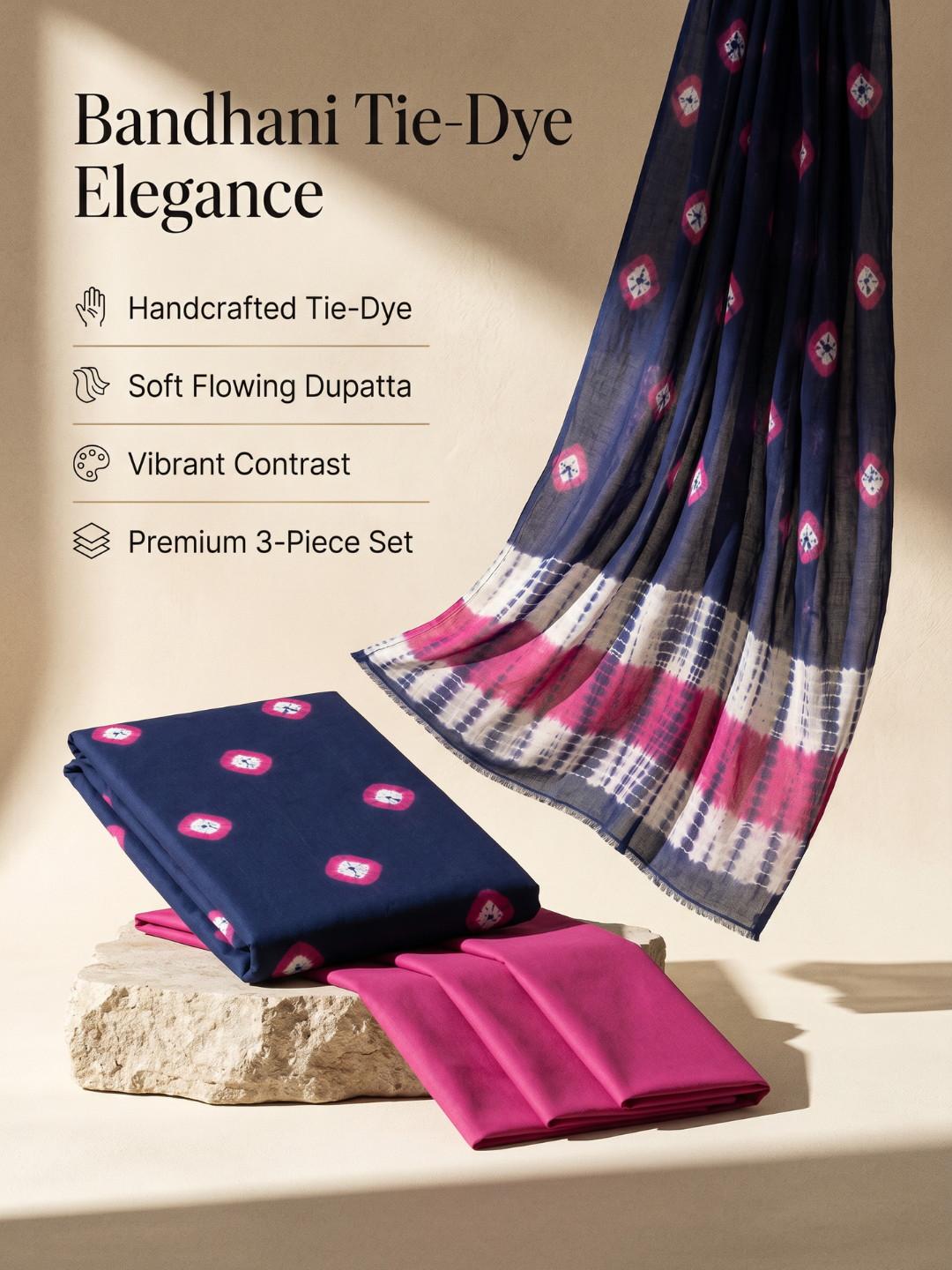 Navy Blue Tie-Dye Bandhani Motif | 3-Piece Unstitched Suit Set