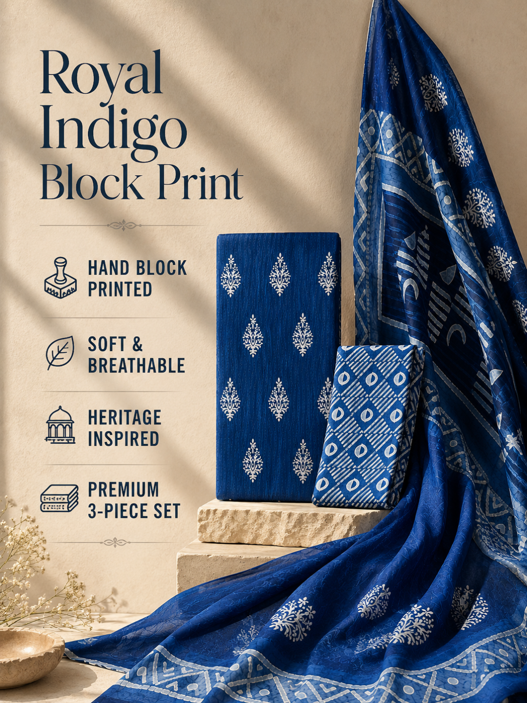 Indigo Batik Buti & Geometric Motif | 3-Piece Unstitched Suit Set