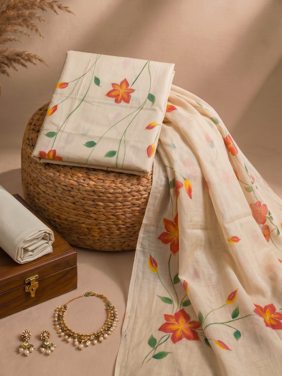 Khaddar Premium Hand Painted 3 Pcs Unstitched Suit Set - Beige Floral Vine