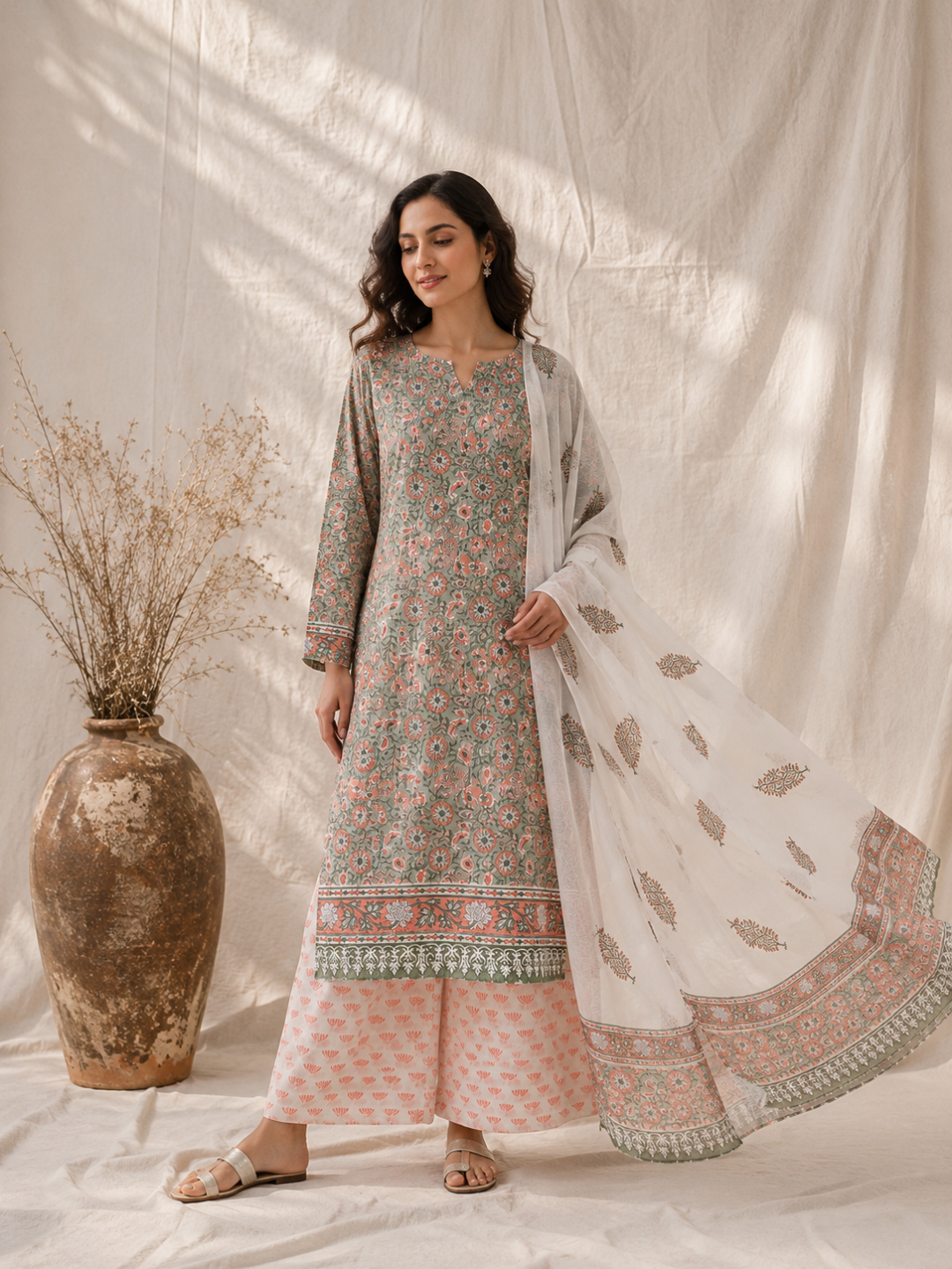 Sage Blossom Block Print | 3-Piece Unstitched Suit Set