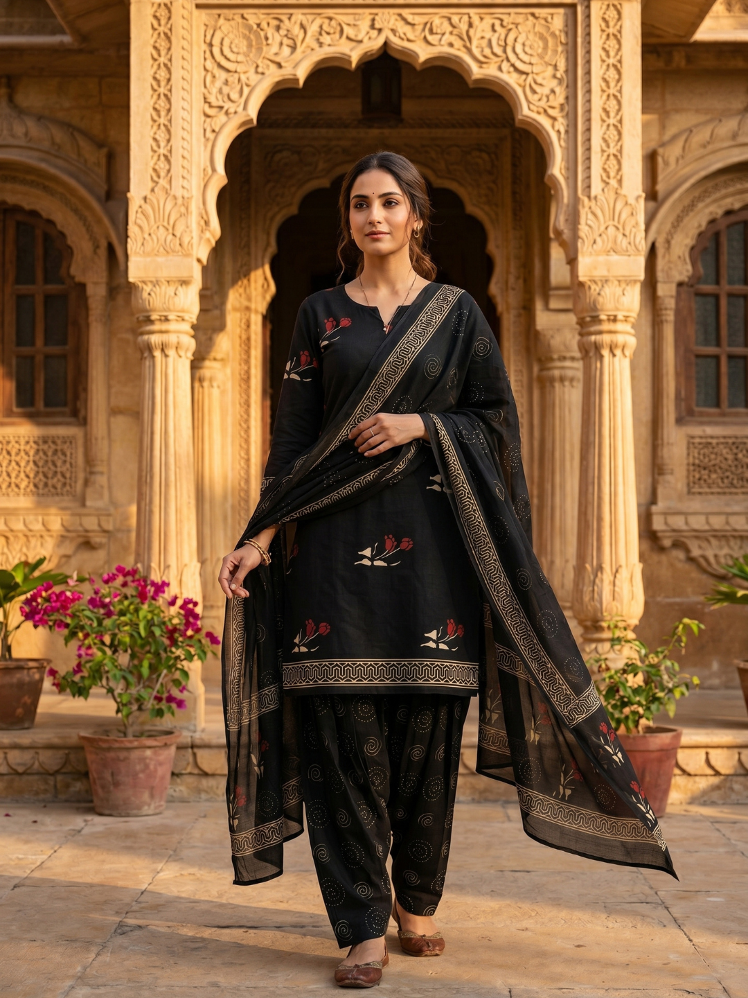 Black Color Batik Floral Buti Print | 3-Piece Unstitched Suit Set