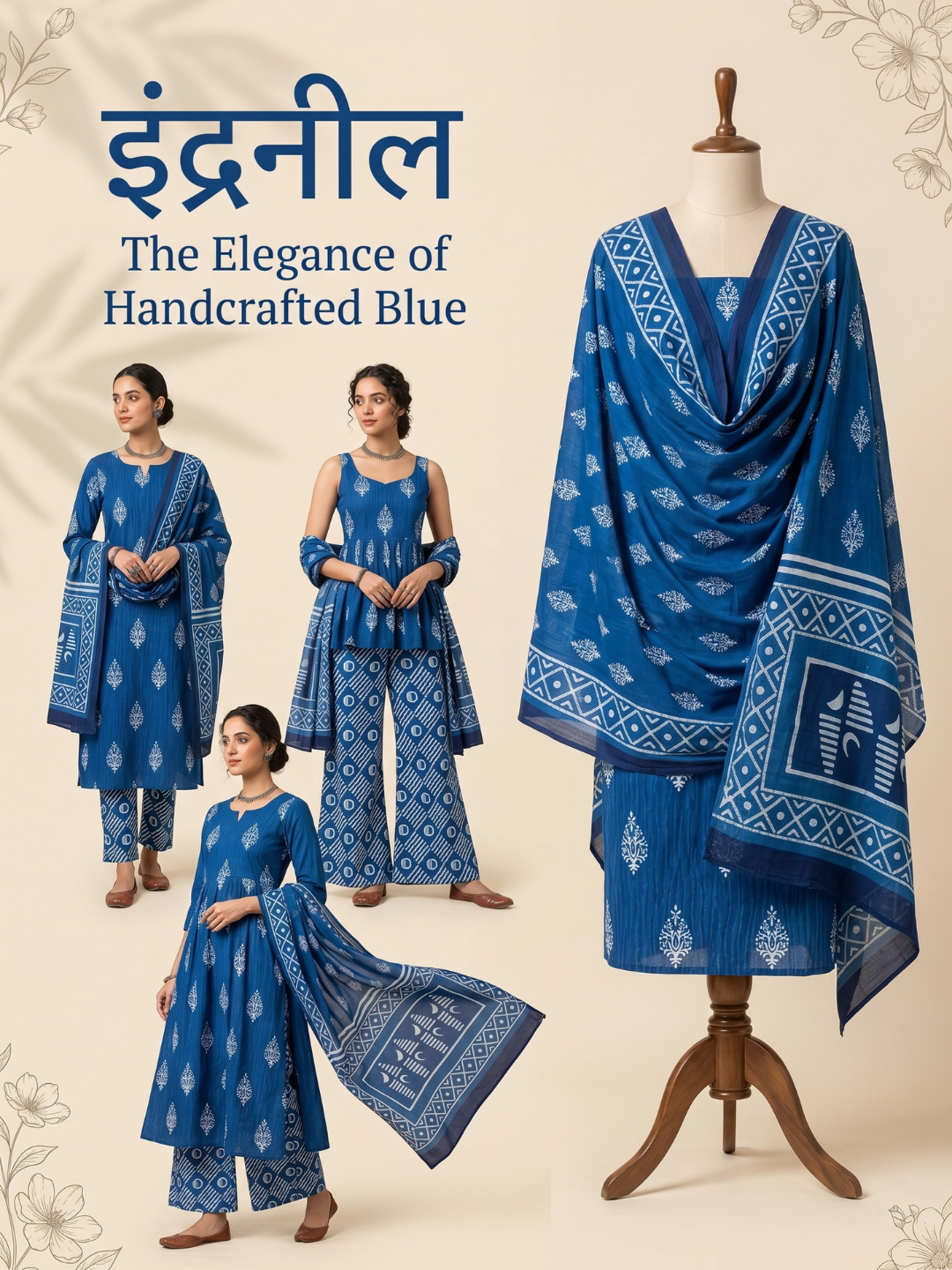 Indigo Batik Buti & Geometric Motif | 3-Piece Unstitched Suit Set