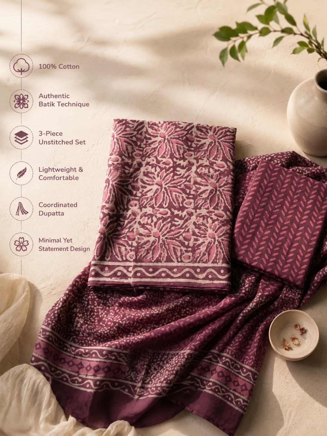 Blush Petal Batik Cotton Fabric  | 3-Piece Unstitched Suit Set