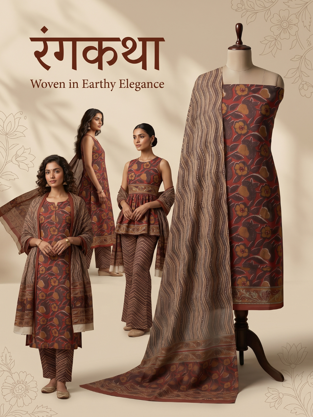Rust Brown Floral Block Print - 3 Piece Unstitched Suit Set