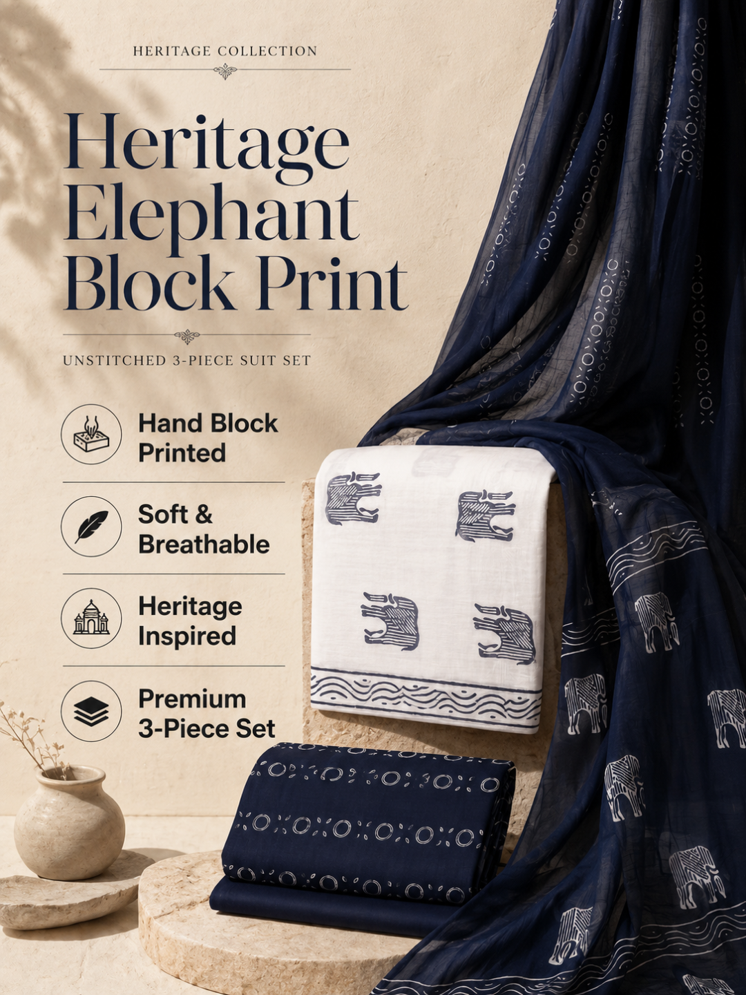 White & Black Elephant Block Print | 3-Piece Unstitched Suit Set