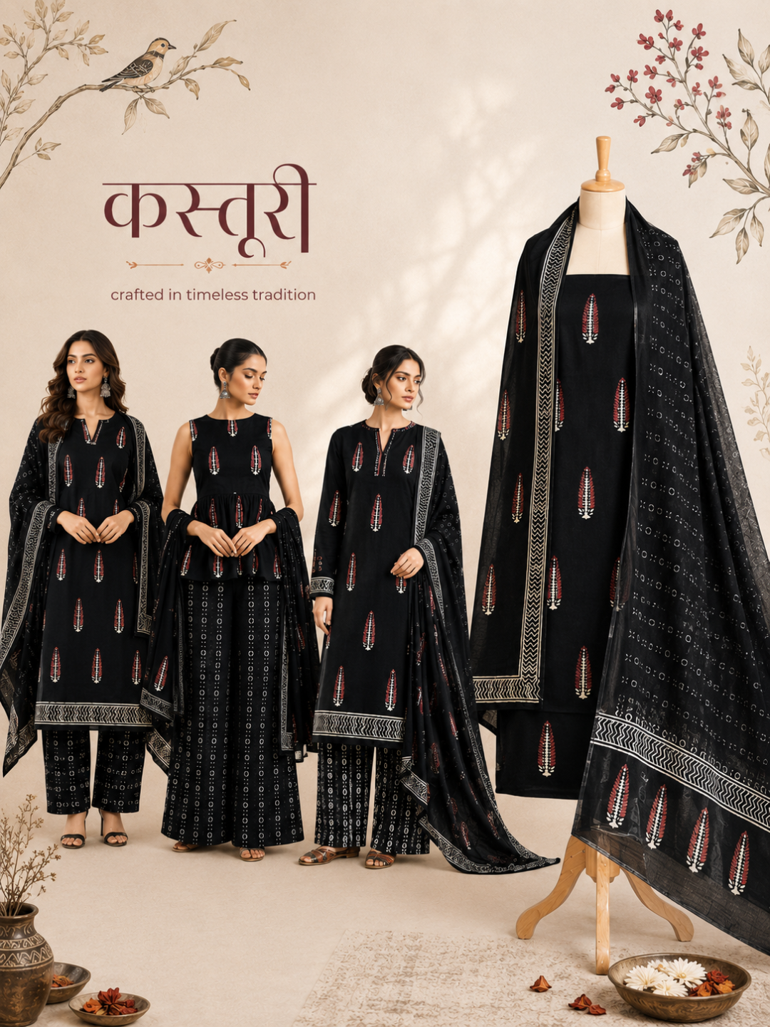 Black Batik Leaf Motif - 3-Piece Unstitched Suit Set
