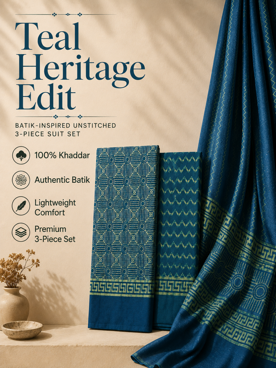 Teal Blue Batik Geometric Motif | 3-Piece Unstitched Suit Set