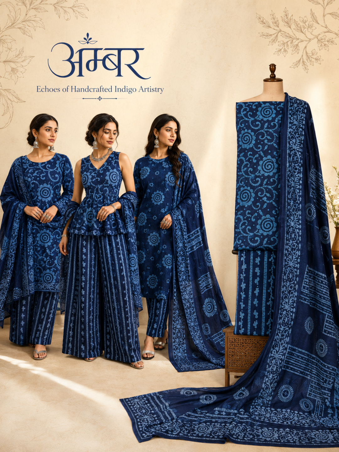 Blue Batik Spiral Print with Ethnic Dupatta 3 Pcs Unstitched Suit Set