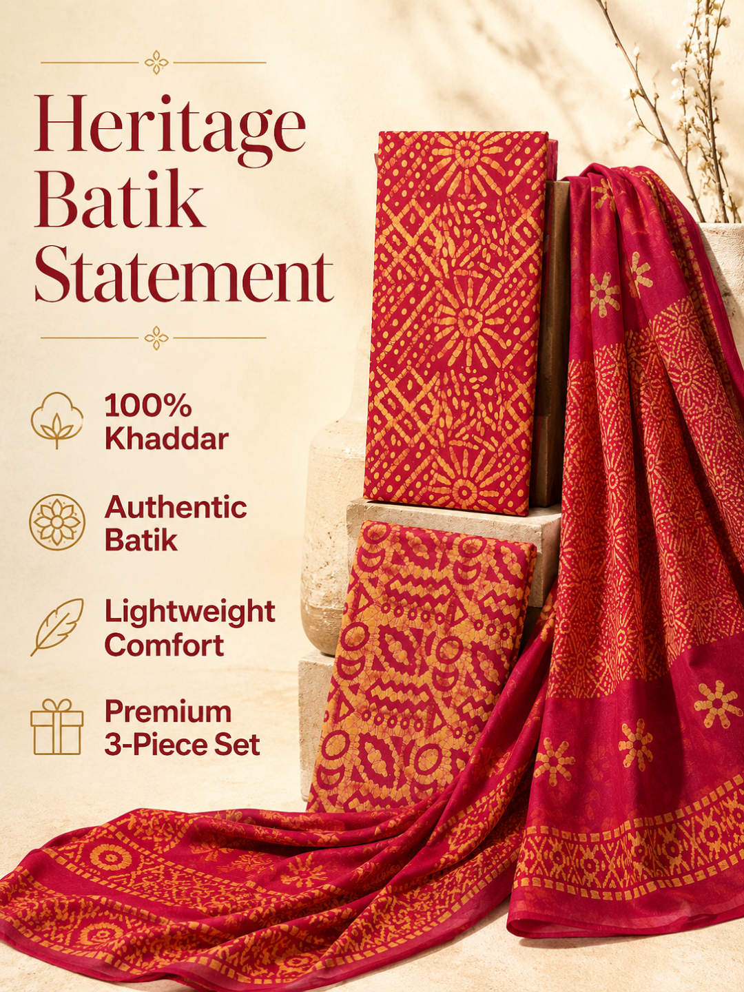 Red Batik Sunburst Print | 3-Piece Unstitched Suit Set