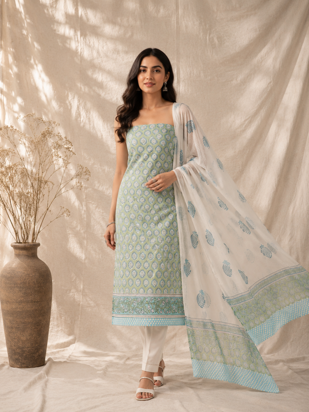 Mint Leaf Block Print | 3-Piece Unstitched Suit Set