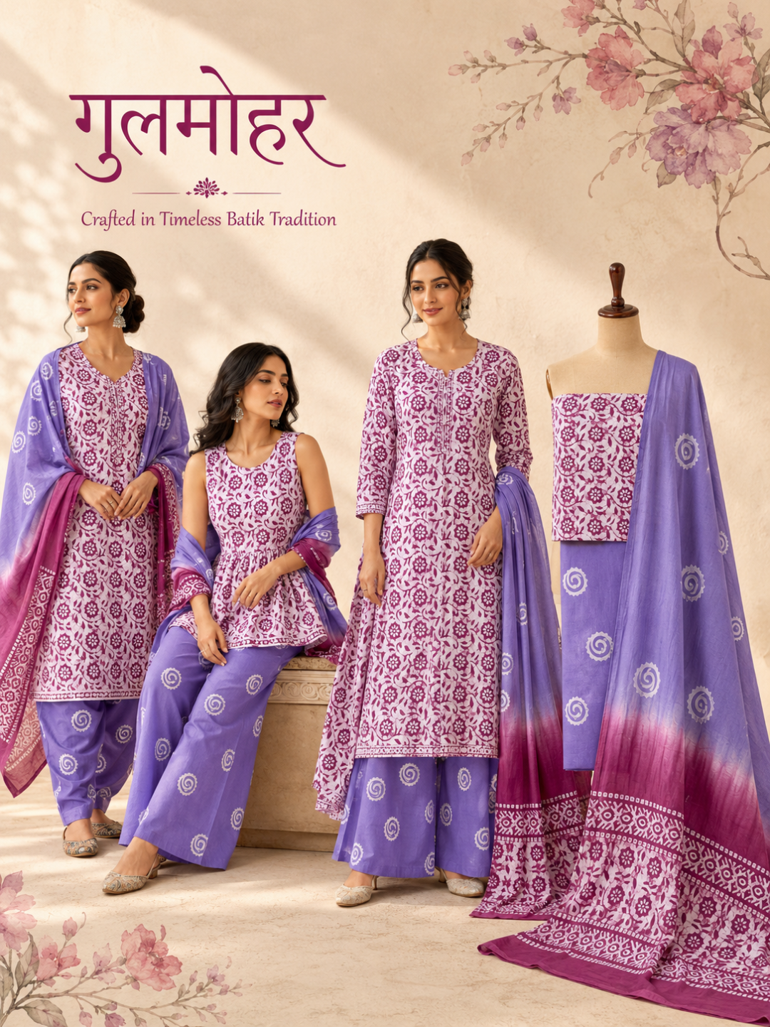 Lavender Batik Floral & Spiral Motif | 3-Piece Unstitched Suit Set