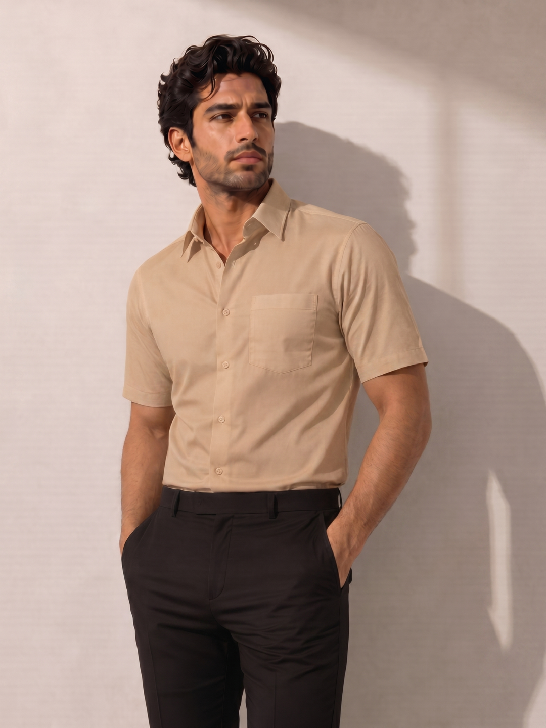 Beige Khadi Cotton Smart Casual Shirt Half Sleeve
