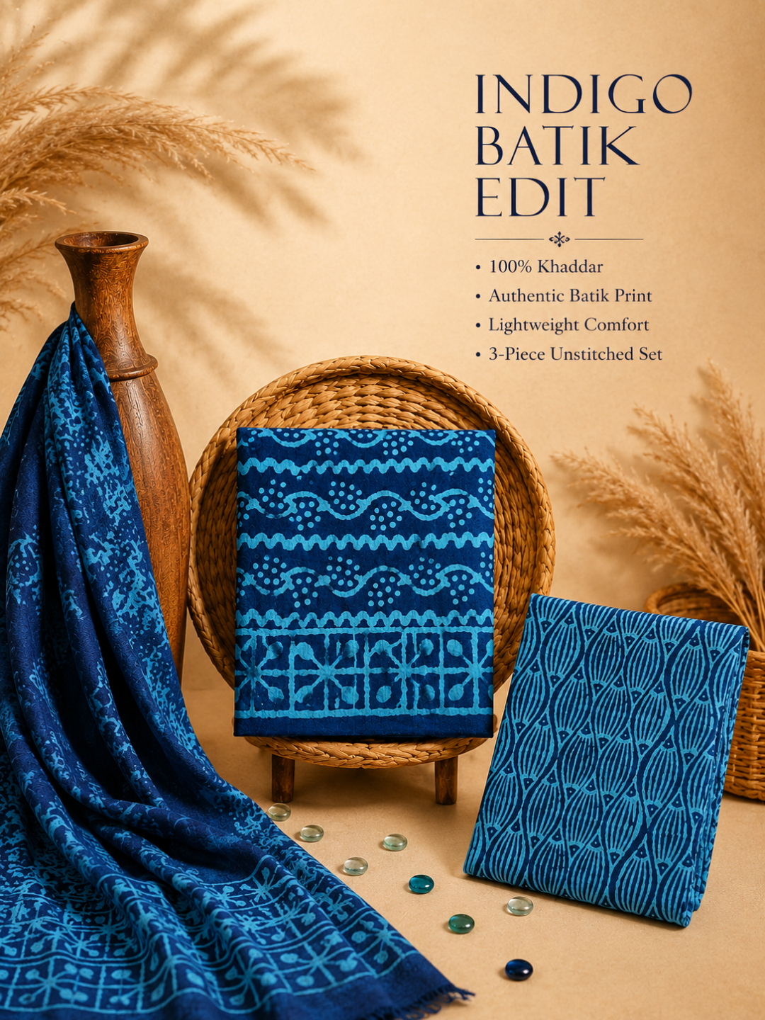 Indigo Wave Batik | 3-Piece Unstitched Suit Set
