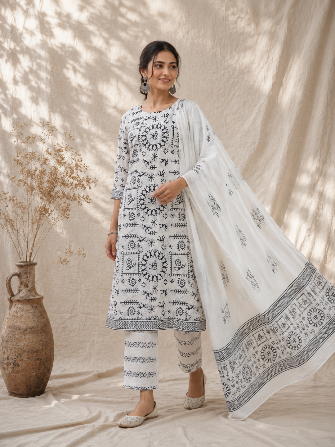 White & Black Tribal Block Print | 3-Piece Unstitched Suit Set