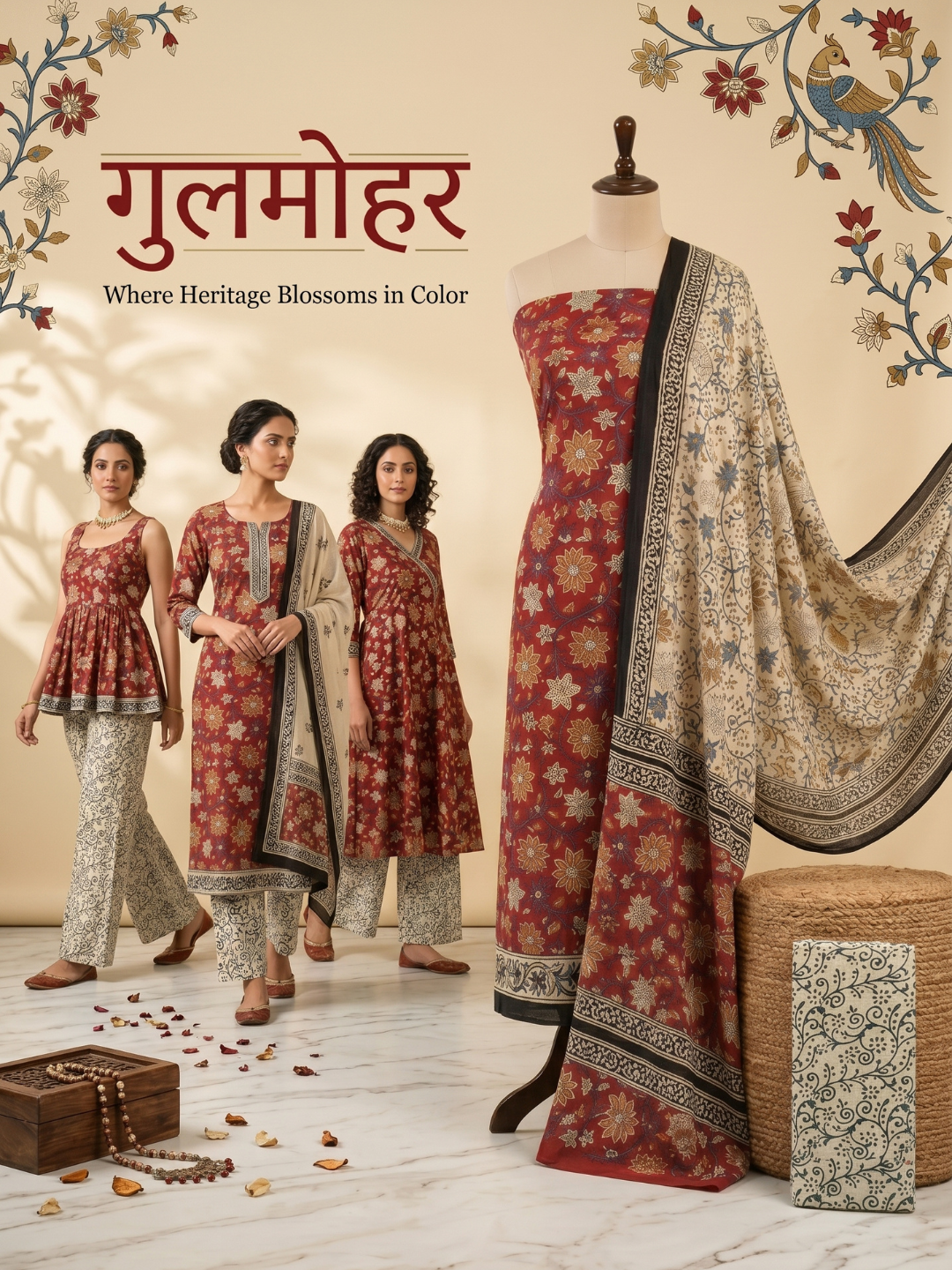 Rust Red Floral Block Print | 3-Piece Unstitched Suit Set
