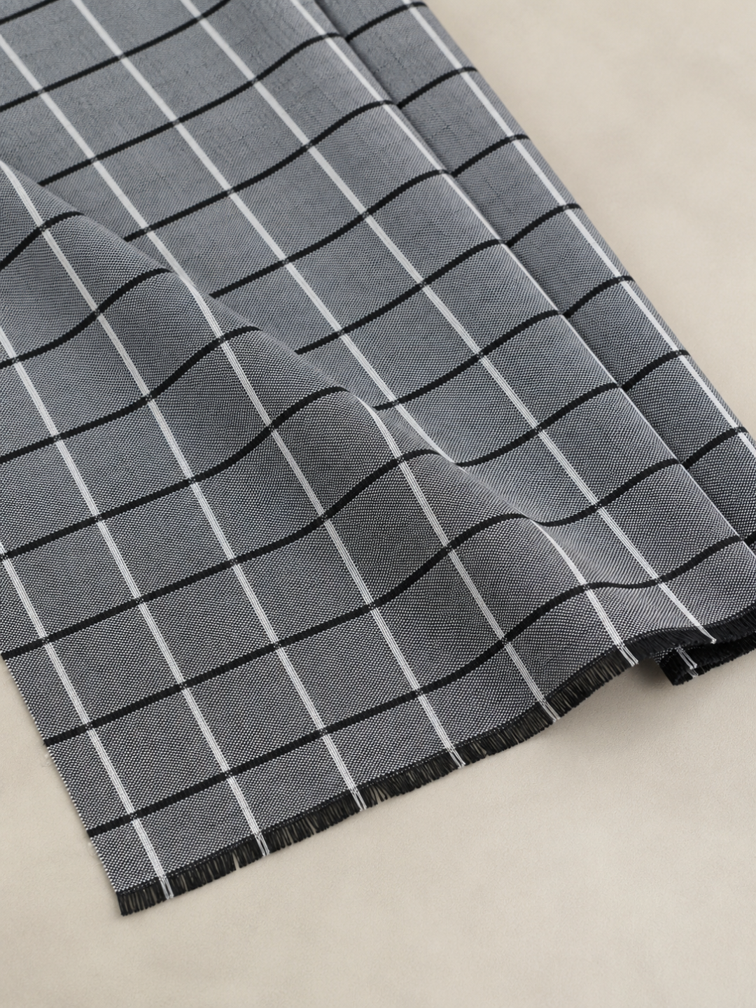 Grey & Black Window Check Khadi Fabric | 100% Cotton