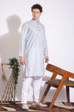 Stylish White Blended With Blue Print Cotton Kurta