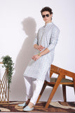 Stylish White Blended With Blue Print Cotton Kurta