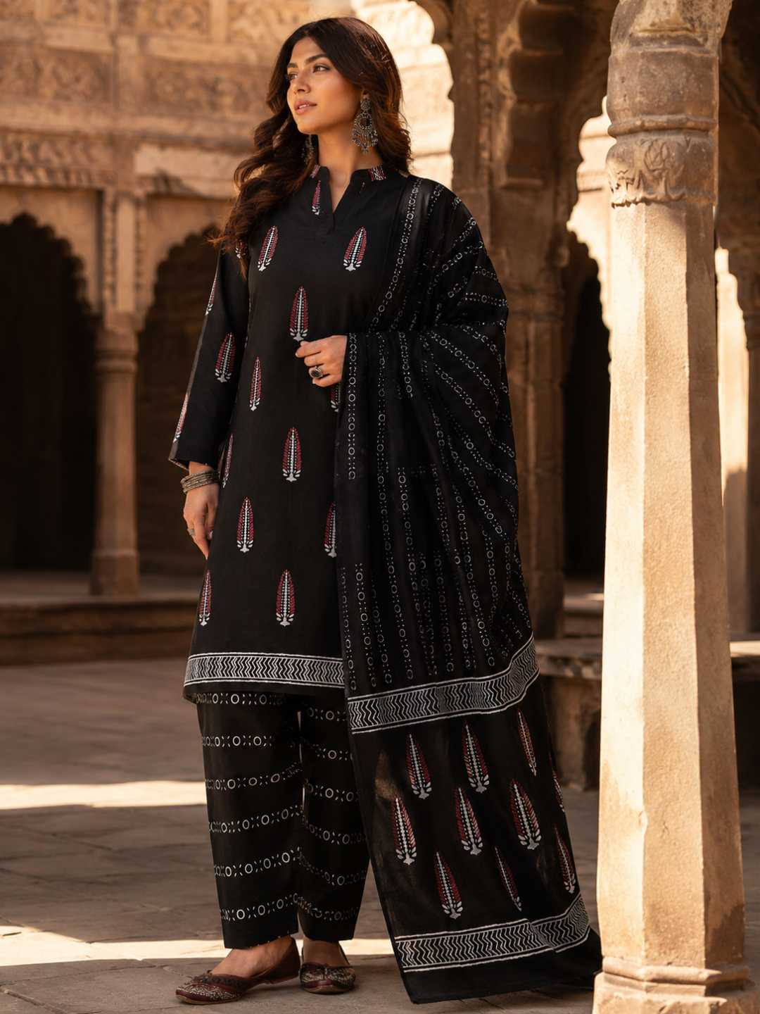Black Batik Leaf Motif - 3-Piece Unstitched Suit Set
