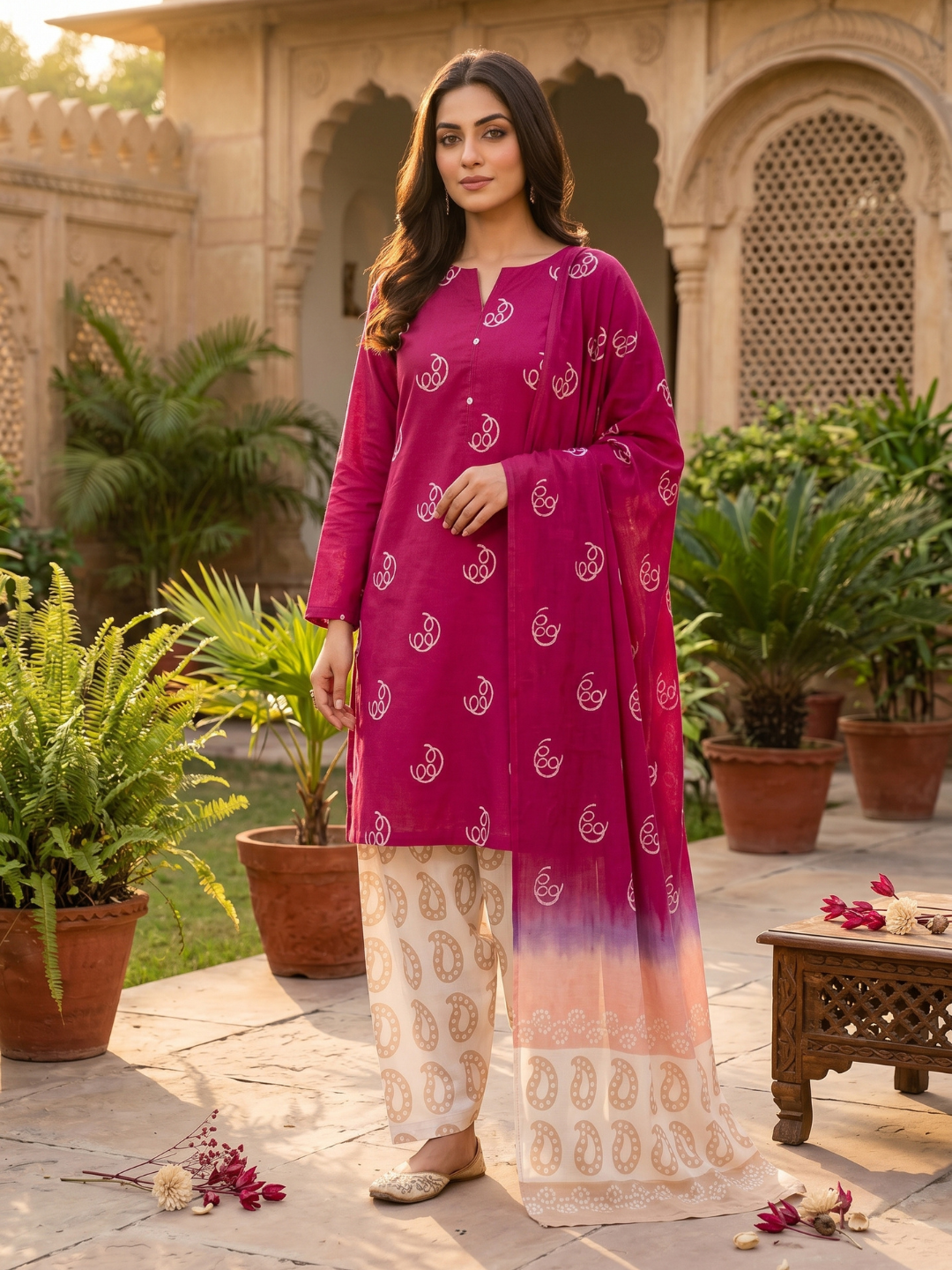 Rani Pink Batik Paisley | 3-Piece Unstitched Suit Set