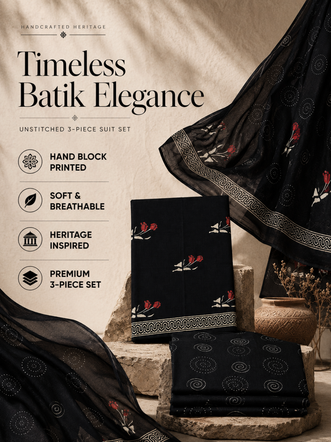 Black Color Batik Floral Buti Print | 3-Piece Unstitched Suit Set
