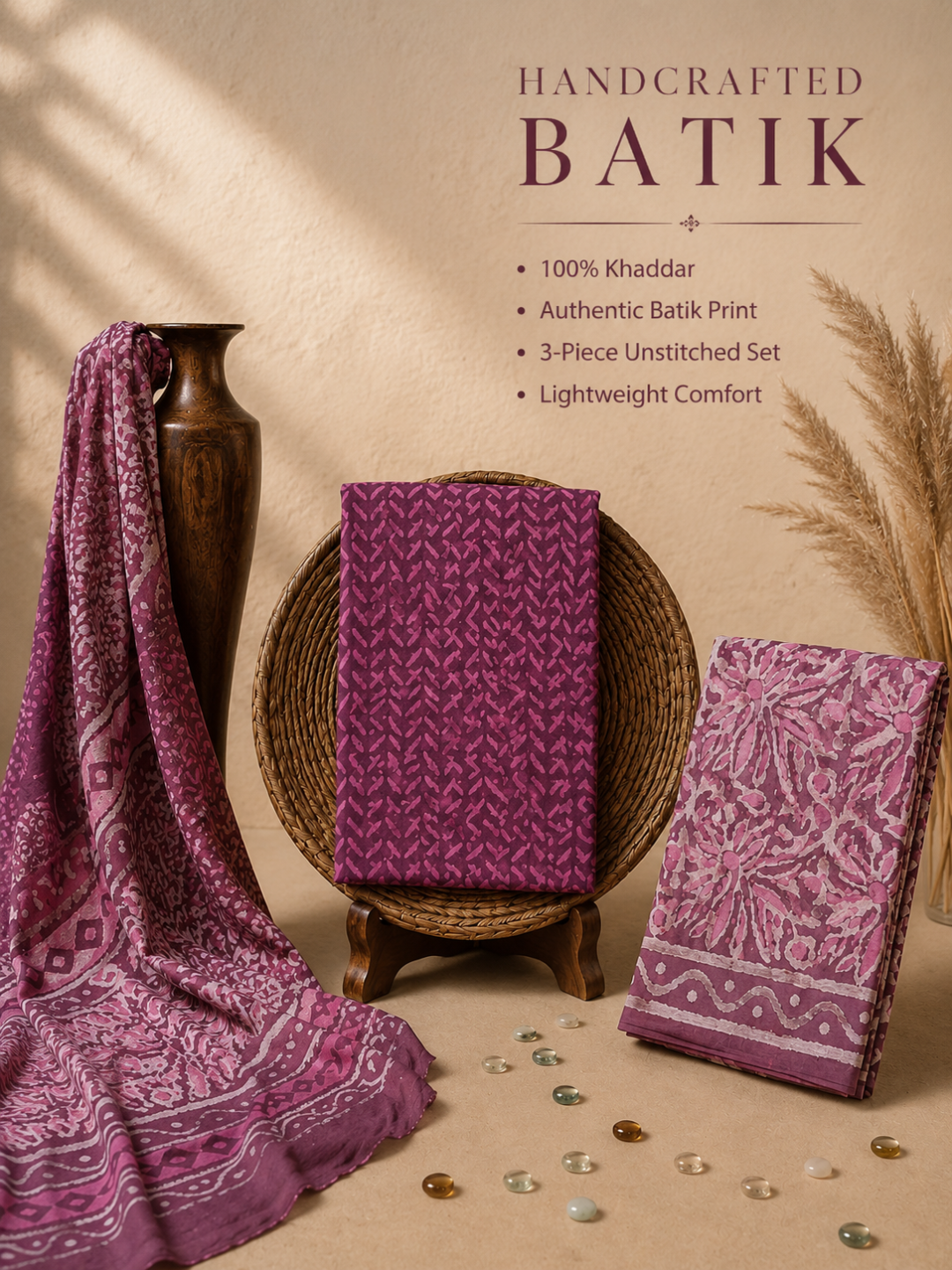 Blush Petal Batik Cotton Fabric  | 3-Piece Unstitched Suit Set