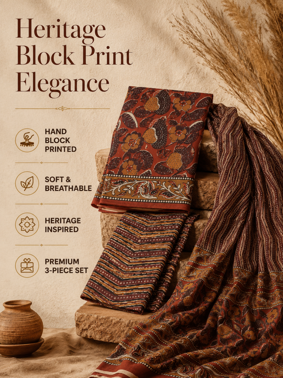 Rust Brown Floral Block Print - 3 Piece Unstitched Suit Set