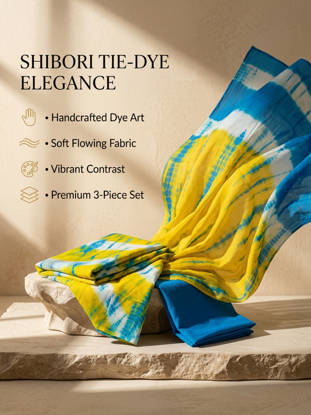 Yellow & Sky Blue Shibori Tie-Dye Pattern - 3-Piece Unstitched Suit Set