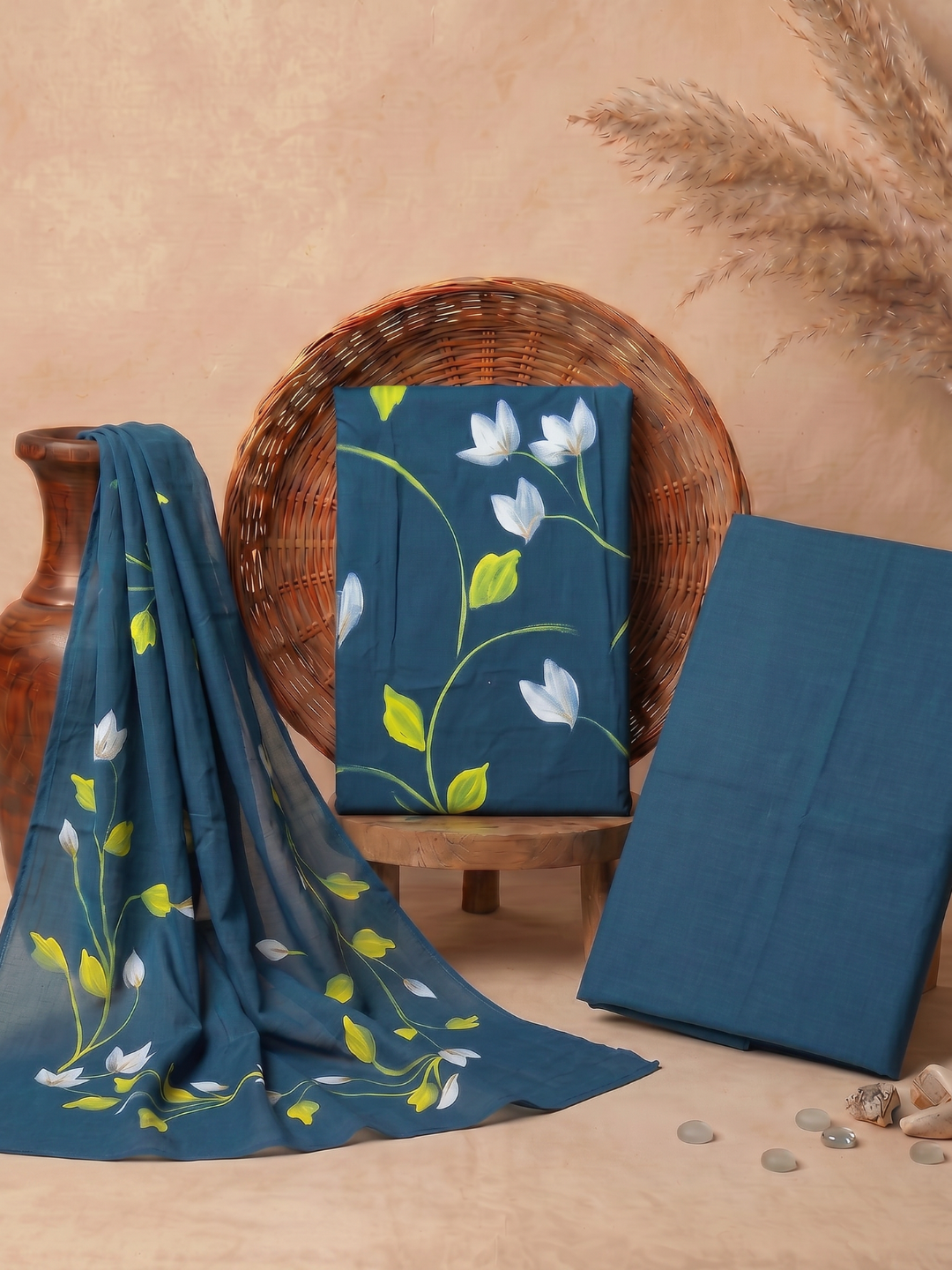 Khaddar Exclusive Hand Painted 3 Pcs Unstitched Suit Set - Midnight Teal Blossom