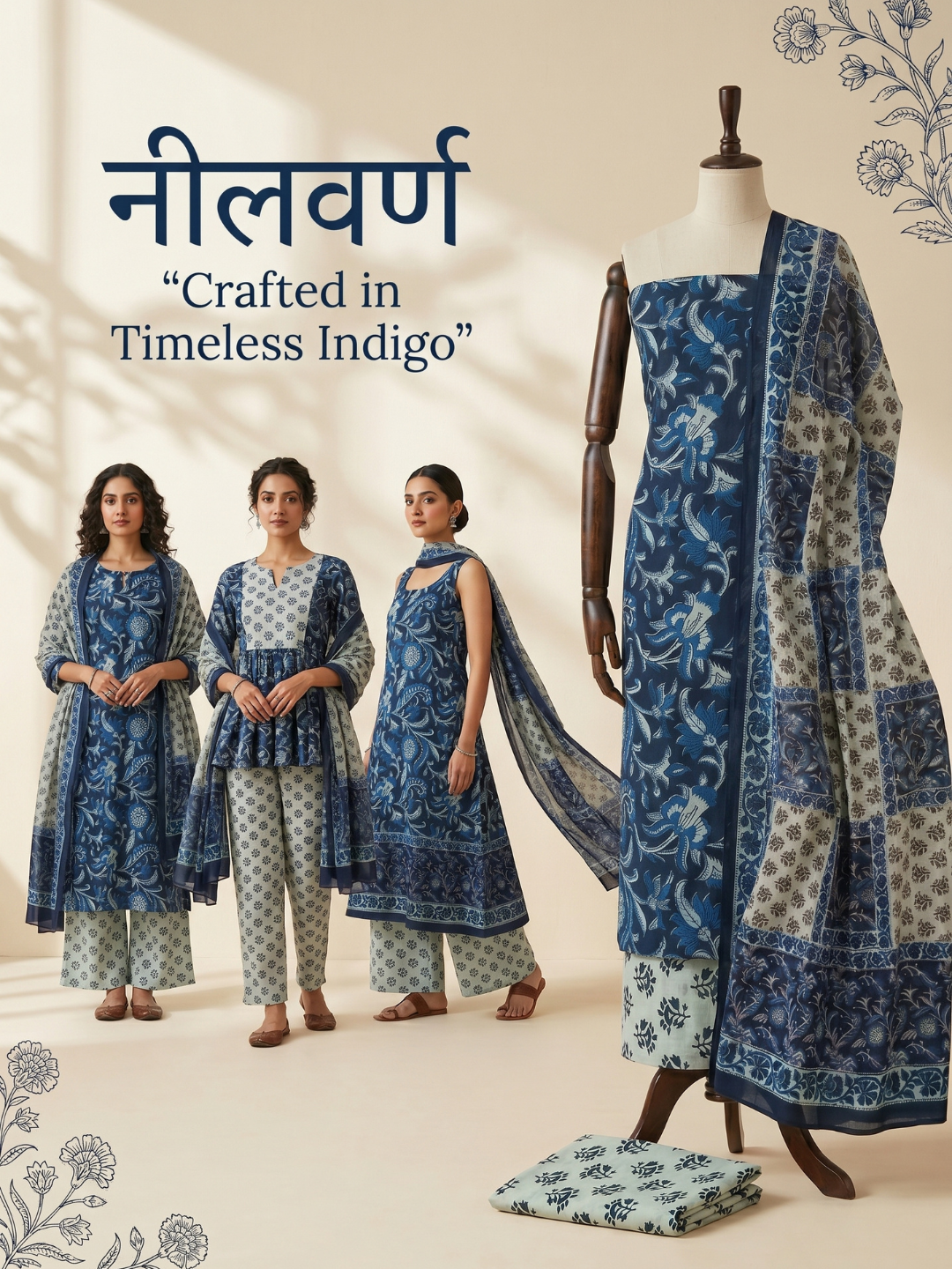 Indigo Floral Block Print | 3-Piece Unstitched Suit Set