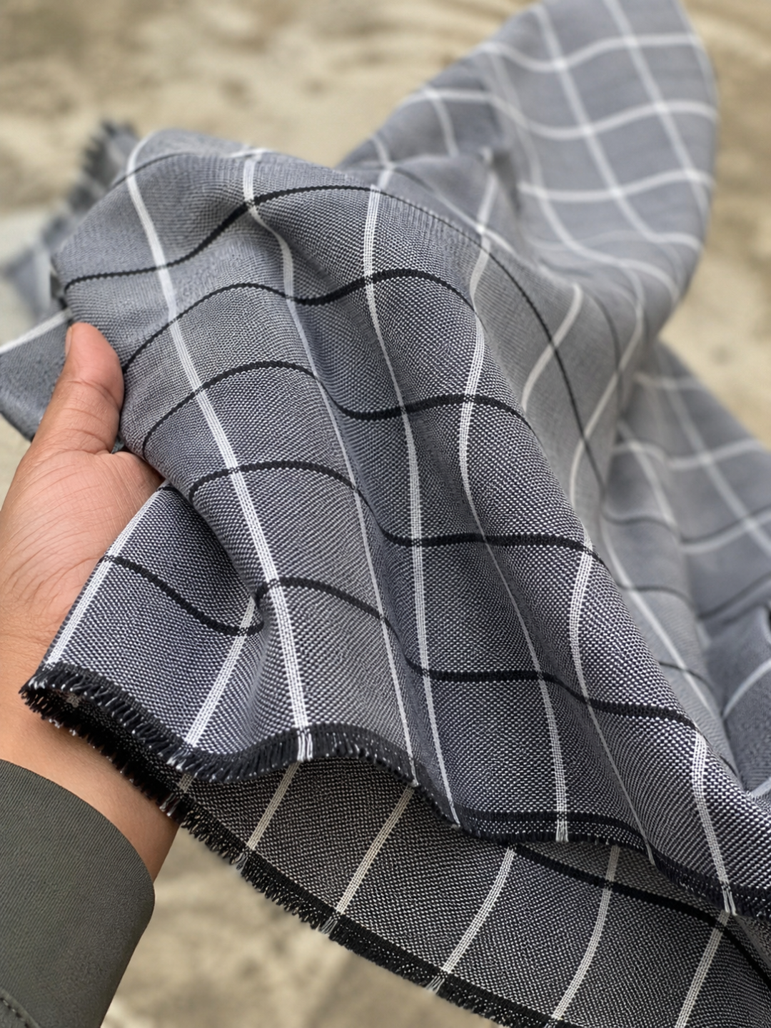Grey & Black Window Check Khadi Fabric | 100% Cotton