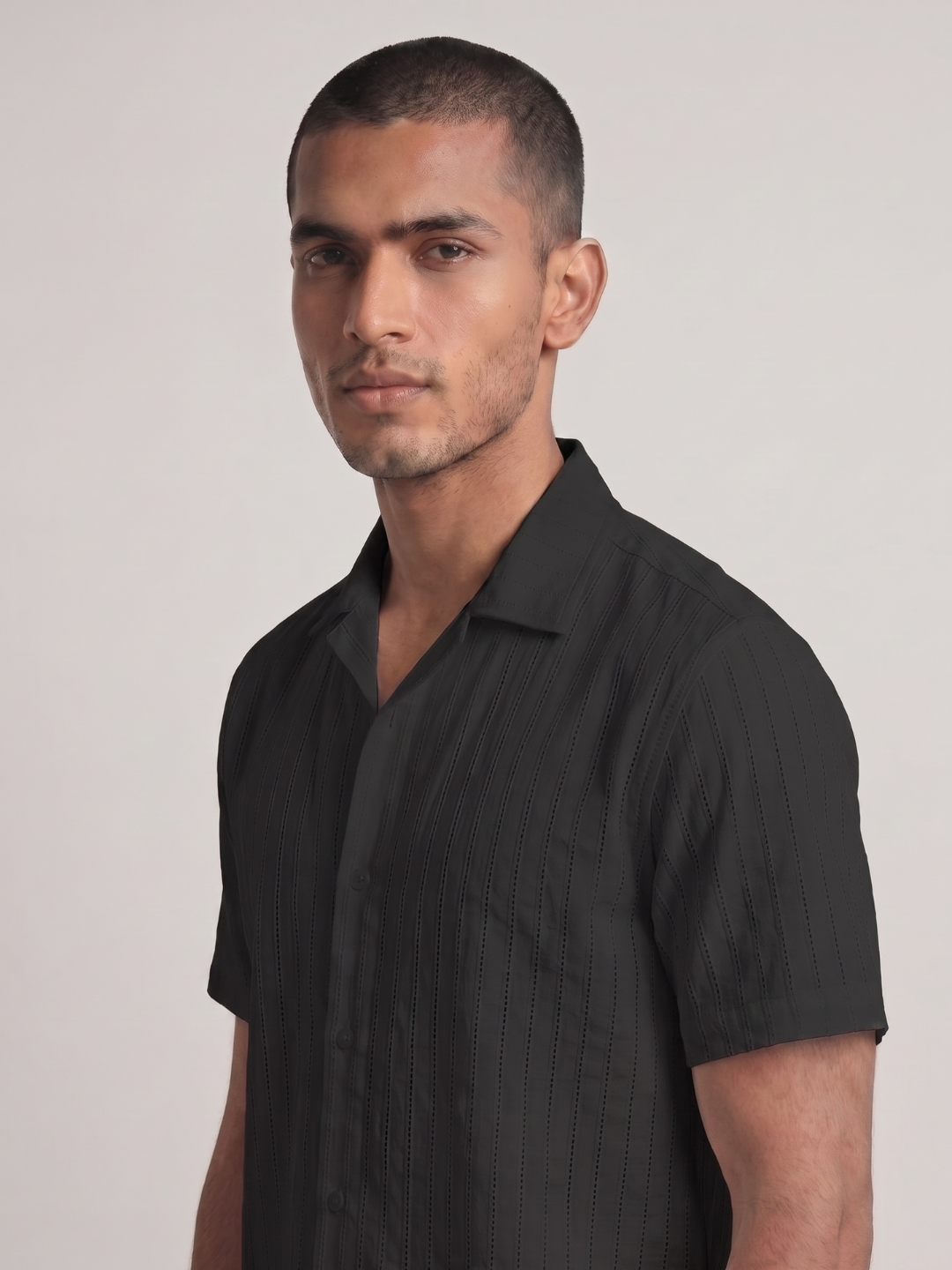 Khadi Midnight Black Cuban Collar Half Sleeve  Shirt