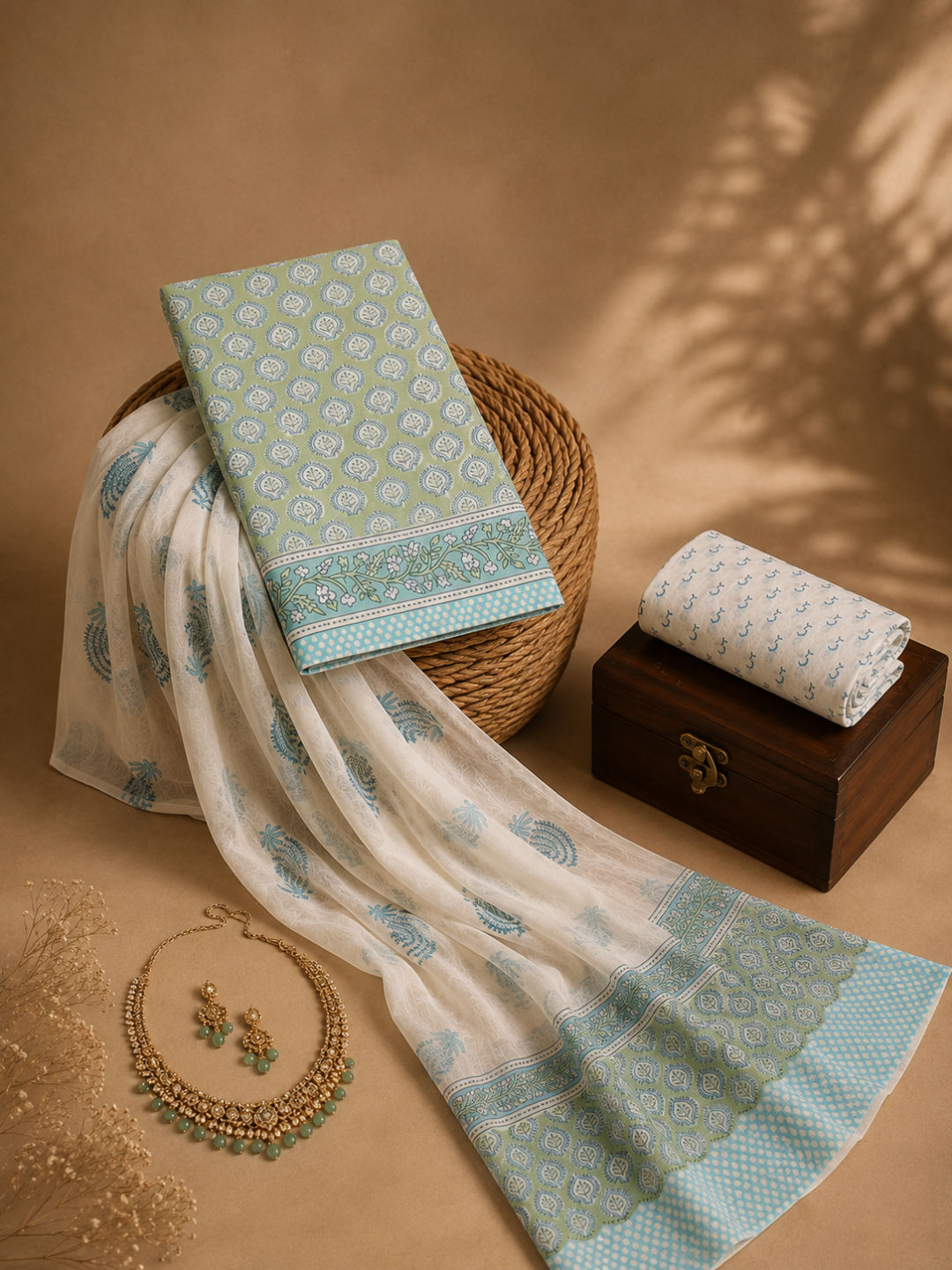Mint Leaf Block Print | 3-Piece Unstitched Suit Set
