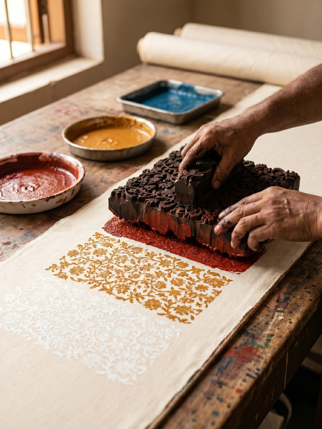 Rust Red Floral Block Print | 3-Piece Unstitched Suit Set