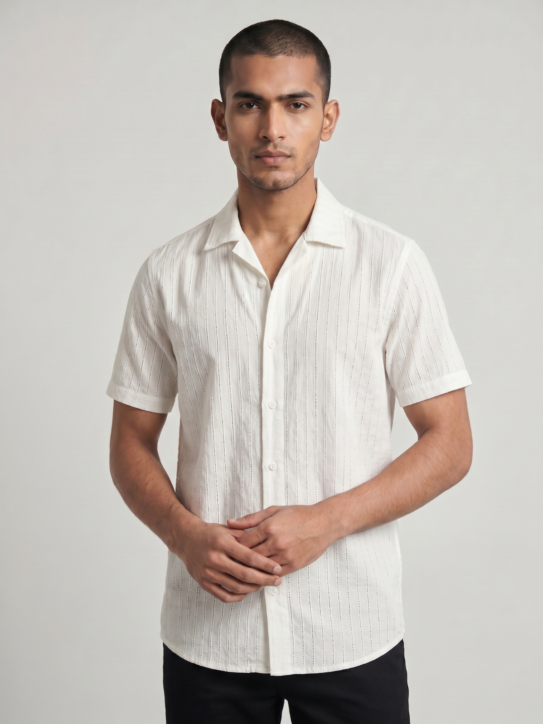 Khadi Pearl White Cuban Collar Half Sleeve  Shirt