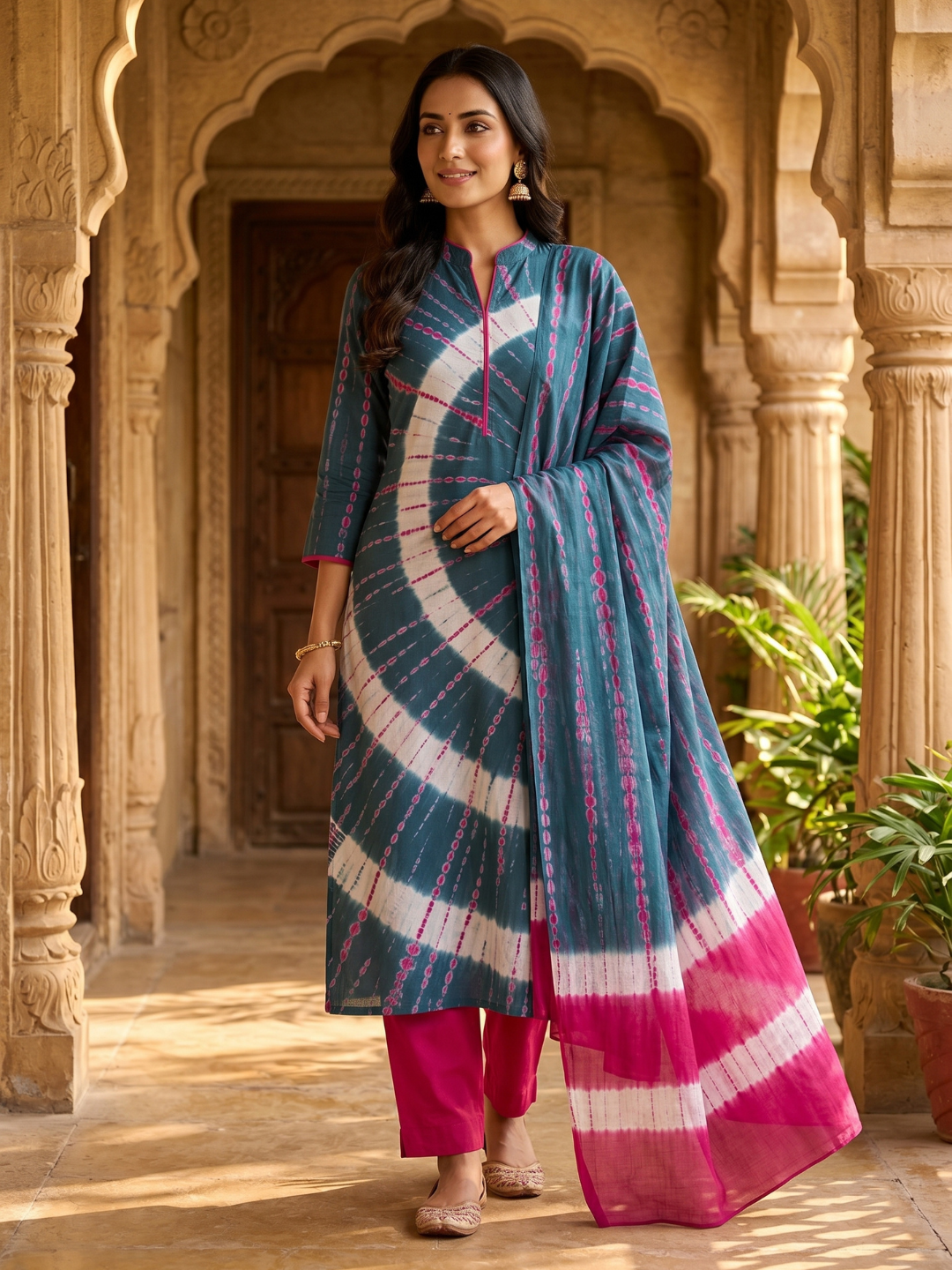 Teal & Pink Shibori Tie-Dye | 3-Piece Unstitched Suit Set