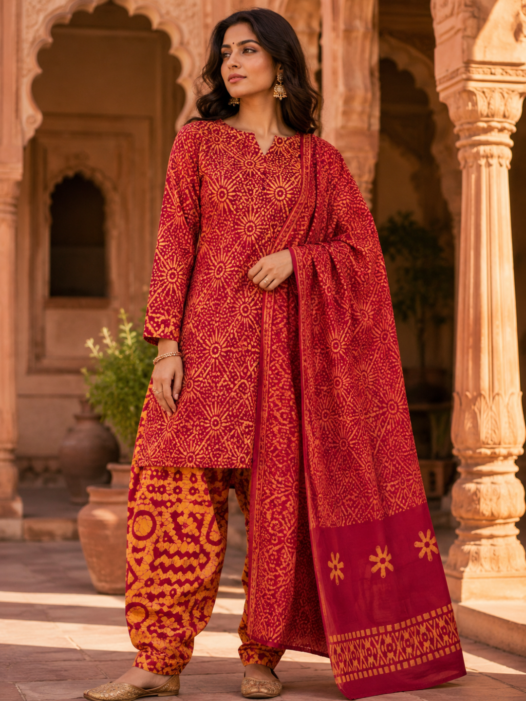 Red Batik Sunburst Print | 3-Piece Unstitched Suit Set