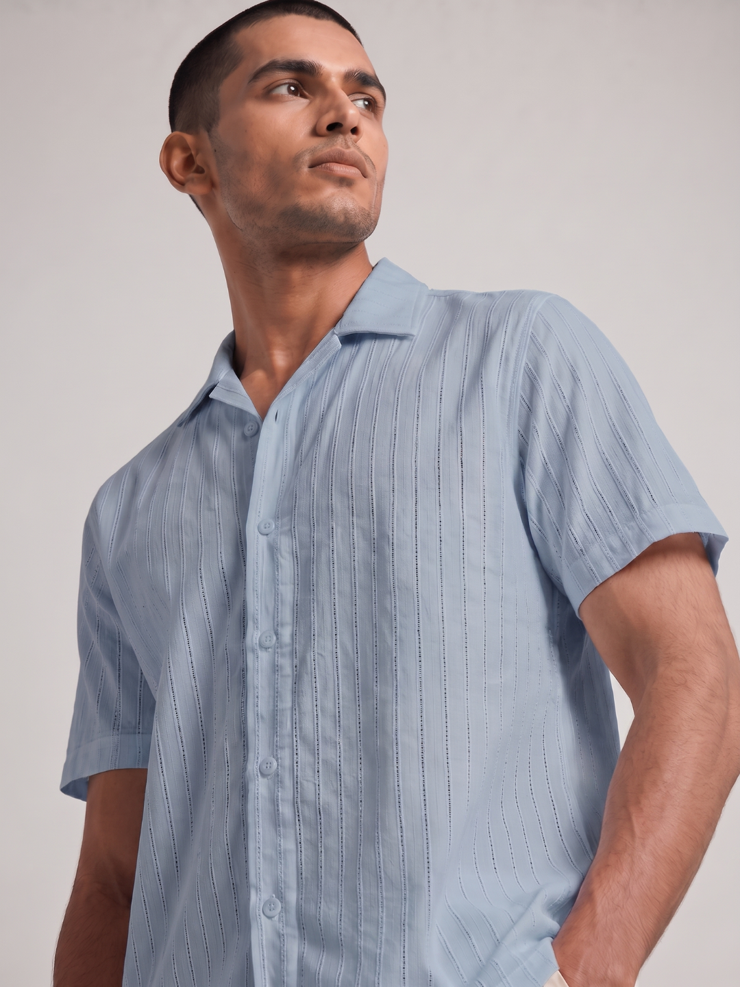 Khadi Pigeon Blue Cuban Collar Half Sleeve  Shirt