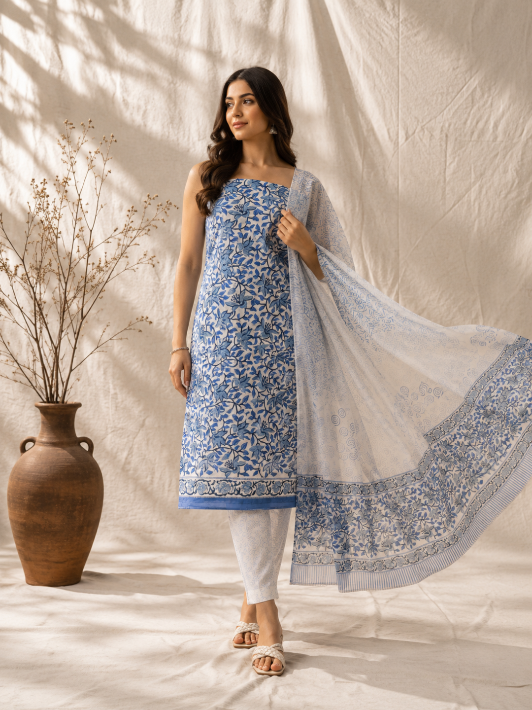 Indigo Blossom Block Print | 3-Piece Unstitched Suit Set