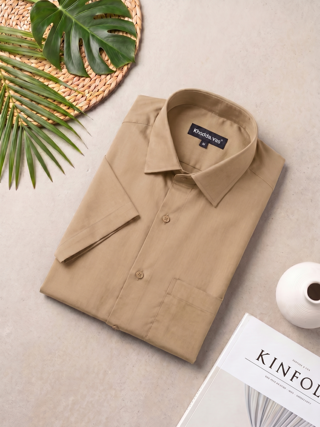 Beige Khadi Cotton Smart Casual Shirt Half Sleeve