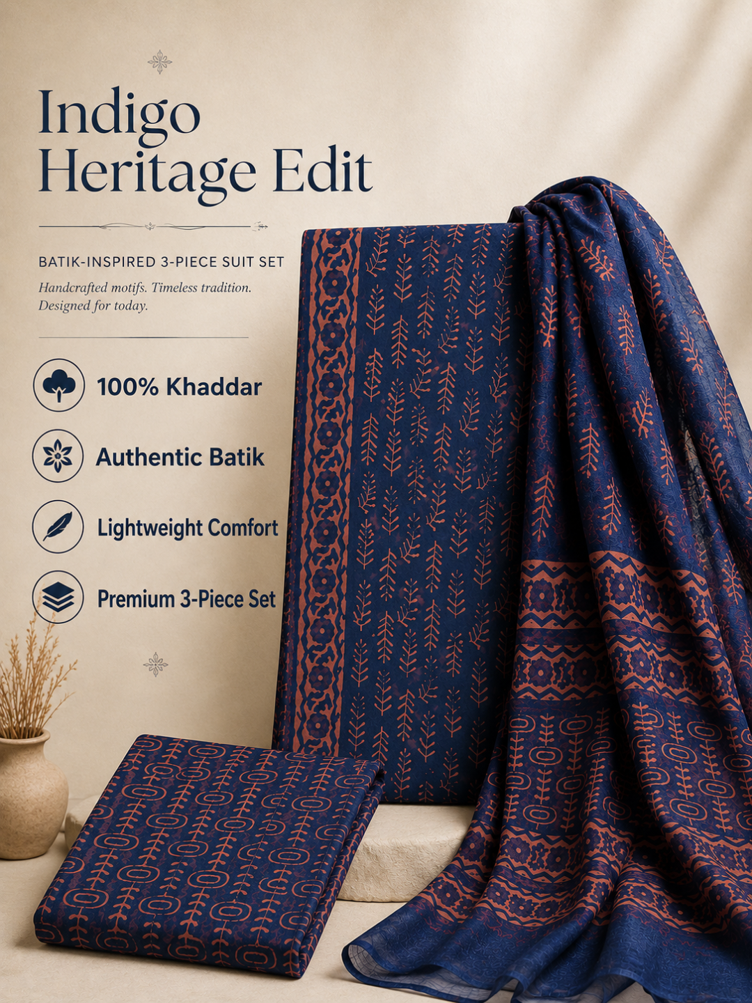 Indigo Batik Tribal Motif | 3-Piece Unstitched Suit Set