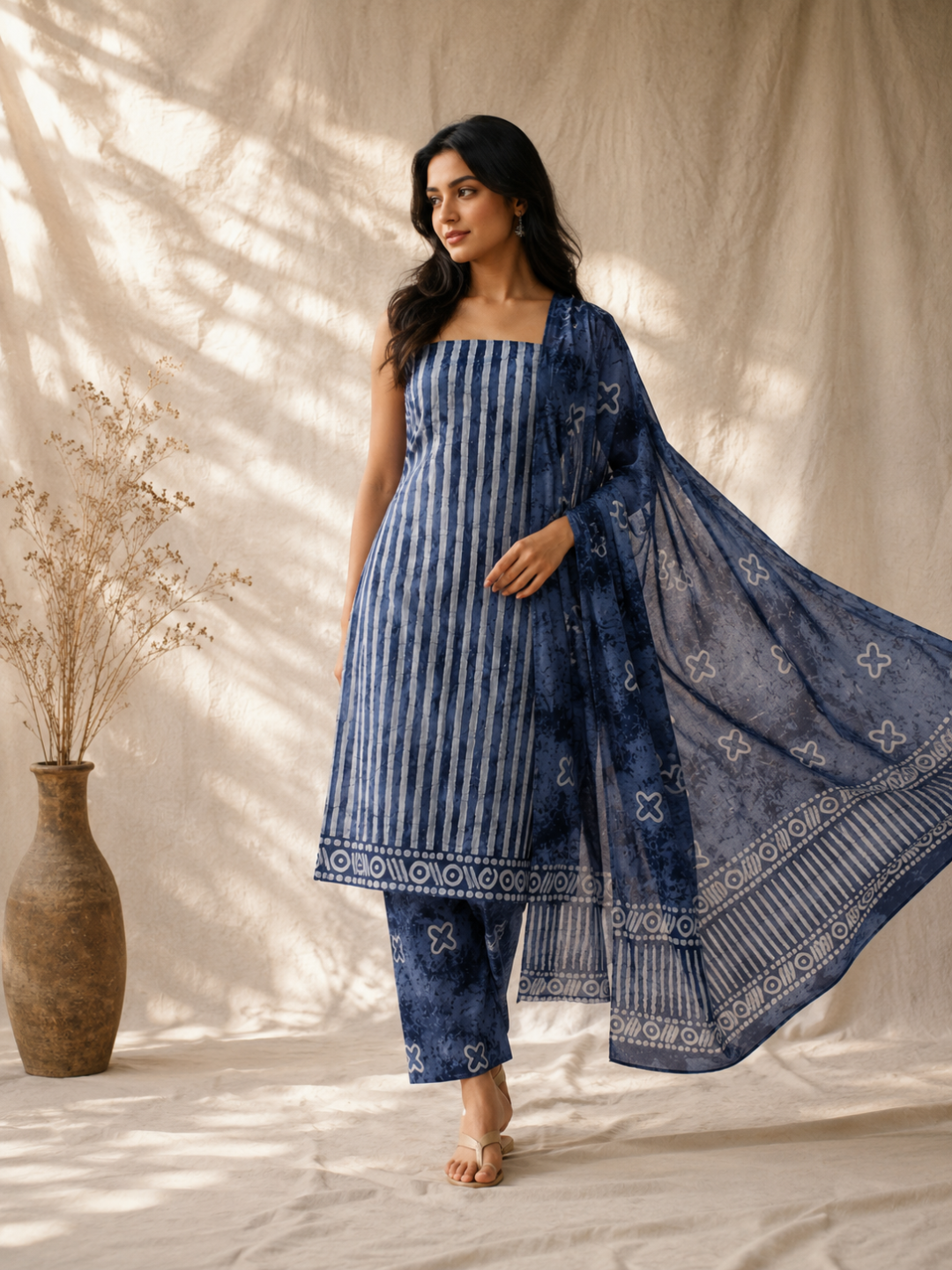 Indigo Horizon Stripe Batik  | 3-Piece Unstitched Suit Set