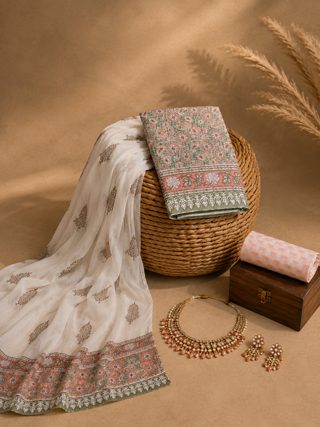 Sage Blossom Block Print | 3-Piece Unstitched Suit Set