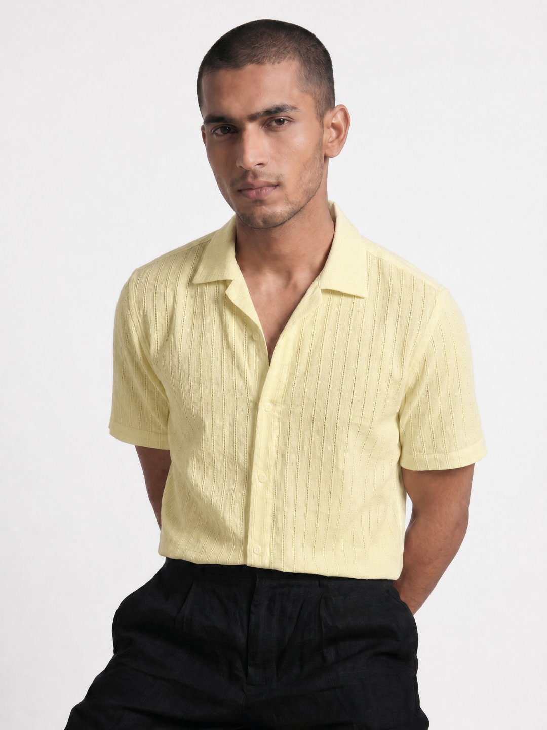 Khadi Lemon Yellow Cuban Collar Half Sleeve  Shirt