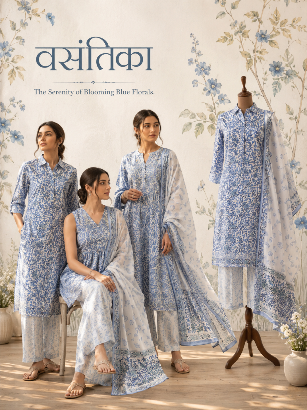 Indigo Blossom Block Print | 3-Piece Unstitched Suit Set