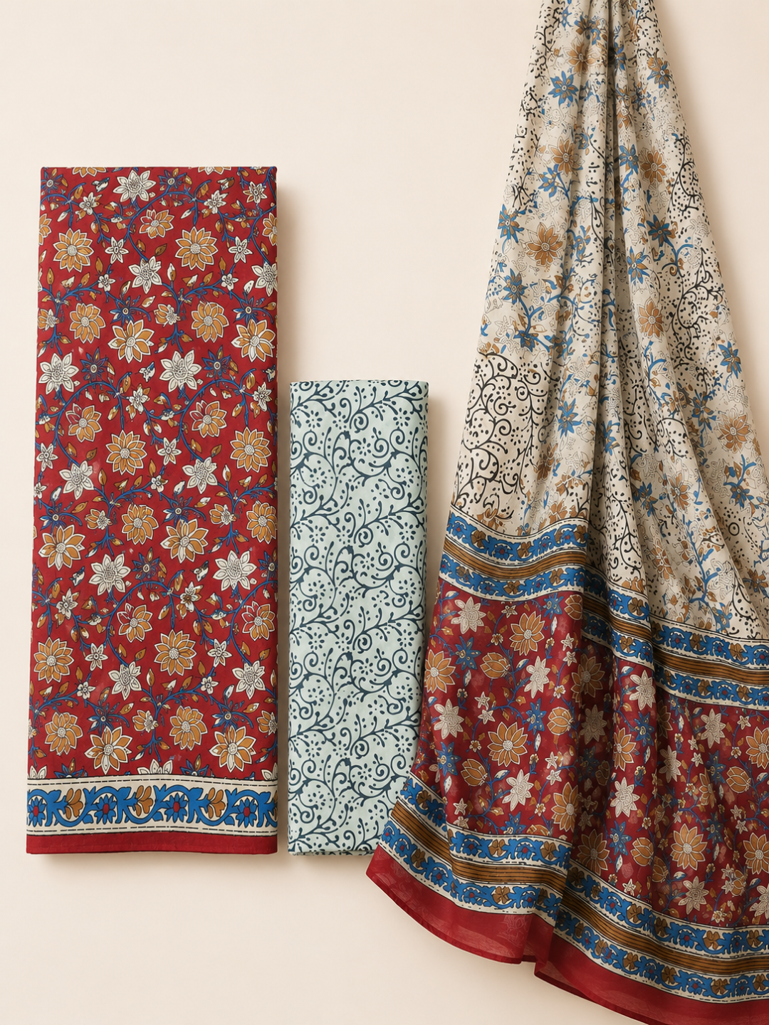 Rust Red Floral Block Print | 3-Piece Unstitched Suit Set