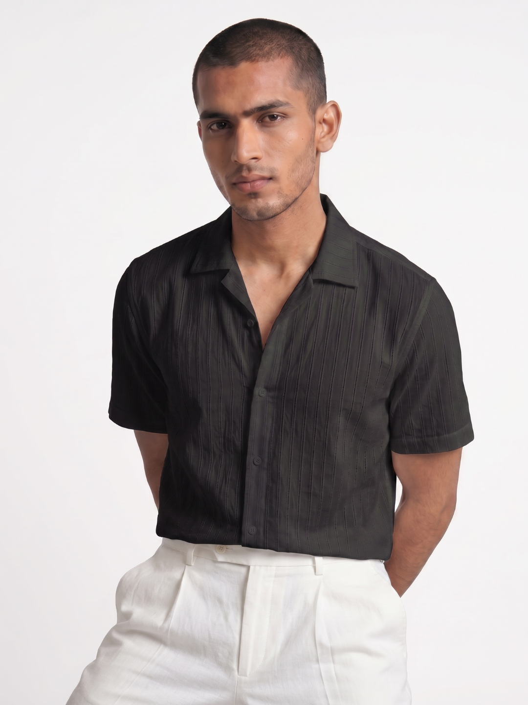 Khadi Midnight Black Cuban Collar Half Sleeve  Shirt