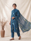 Khaddar Exclusive Hand Painted 3 Pcs Unstitched Suit Set - Midnight Teal Blossom